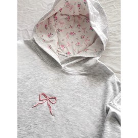 Women'S Casual Hoodie with Bow & Floral Design - Oversized Long Sleeve Pullover, Light Gray with Pink Accents, Easy to Match with, Spring/Summer/Fall Style, Autumn Casual Wear | Casual Style Hoodie | Construction, Essential Hoodie