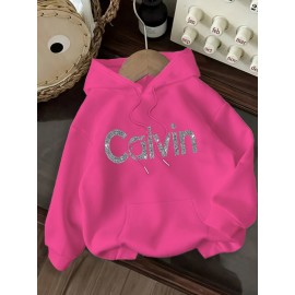 Women's CALVIN Letter Print Hooded Sweatshirt - Oversized Kangaroo Pocket & Drawstring Hood, Cozy Fall Winter Sweater with White CALVIN Logo, Casual Pullover (Machine Washable) for Casual Attire