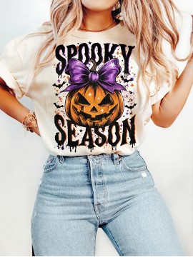 Women's Halloween Spooky Season T-Shirt - Oversized Casual Short Sleeve Round Neck with Jack-O'-Lantern & Bats Print, Purple Bow Accent - Lightweight 100% for Fall Parties & Casual Attire - Machine Washable Year-Round Comfort