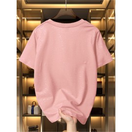 Women'S Sparkly Sequin Short Sleeve T-Shirt - Round Neck, Beige Casual Top for Spring/Summer, Glittery and Stylish, Perfect for Casual Attire