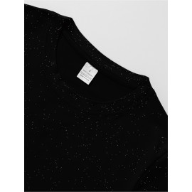 Women'S Sparkly Sequin Short Sleeve T-Shirt - Round Neck, Beige Casual Top for Spring/Summer, Glittery and Stylish, Perfect for Casual Attire