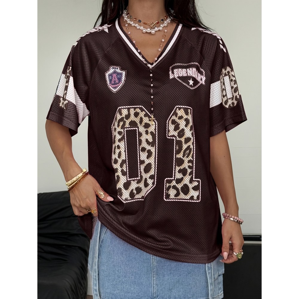 [Leopard Print T-Shirt] Trendy Leopard Print T-Shirt for Women - Brown & Black Animal Graphic Tee, Soft Everyday Casual Top for Parties, Outfits, All-Season Fashion | Comfortable Fit, Stylish Blouse, Breathable Material