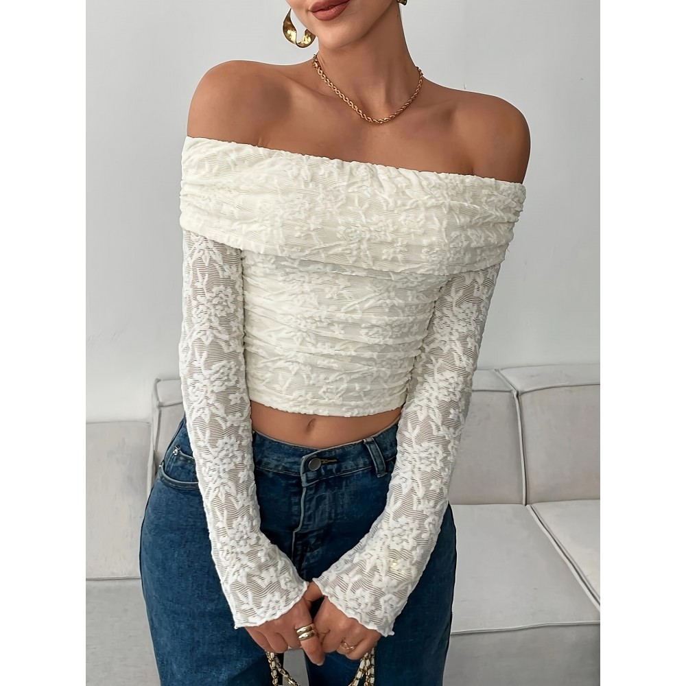 Women's Elegant Off-the-Shoulder Long Sleeve Blouse - Chic Tops for Parties, Formal Events & Casual Attire - Machine Washable Fall/Winter Shirt - Minimalist Women's Clothing, Party Outfit, Sophisticated Look, Durable Material, Stylish Top, Fashion Lovers