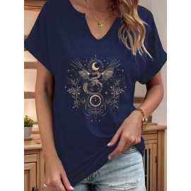 Women'S Vintage Norse Mythology Dragon Print V-Neck T-Shirt - Casual Short Sleeve, Regular Fit, All-Season Tee with Intricate Design, Machine Washable, Allseason Tee | Mythological Design | Comfortable Fit, Dragon Shirt