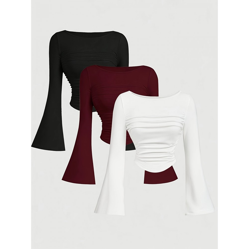 [3pcs Ruffle Blouses] 3pcs Women's Long Sleeve Ruffle Detail Blouses - Crew Neck Button-Up T-Shirts in Black, Burgundy & White | Fall/Winter Casual Wear | Glossy Texture