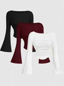 [3pcs Ruffle Blouses] 3pcs Women's Long Sleeve Ruffle Detail Blouses - Crew Neck Button-Up T-Shirts in Black, Burgundy & White | Fall/Winter Casual Wear | Glossy Texture