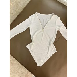 Set of 3 Autumn and Winter V-Neck Ribbed Zipper Stretch Comfortable Versatile Long-Sleeve Pullover Jumpsuit