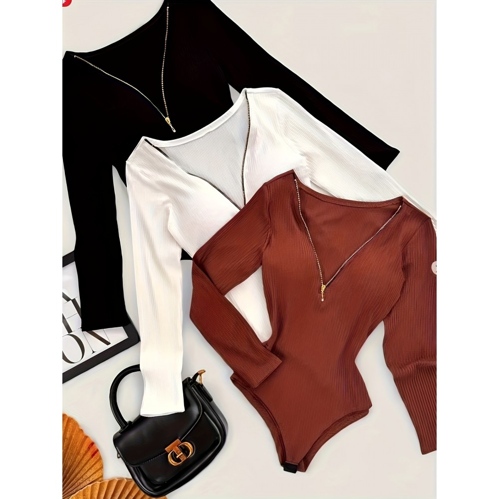 Set of 3 Autumn and Winter V-Neck Ribbed Zipper Stretch Comfortable Versatile Long-Sleeve Pullover Jumpsuit