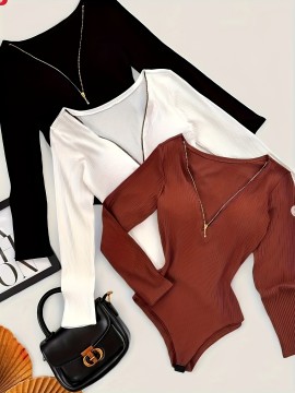Set of 3 Autumn and Winter V-Neck Ribbed Zipper Stretch Comfortable Versatile Long-Sleeve Pullover Jumpsuit