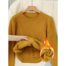 [Soft Thermal Sweater] Soft & Comfortable Women's Thermal Round-Neck Loose Fit Long Sleeve Sweater | All-Season Casual Top, Solid Color, Easy Care Hand Wash/Dry Clean, Medium Stretch, Clean Design