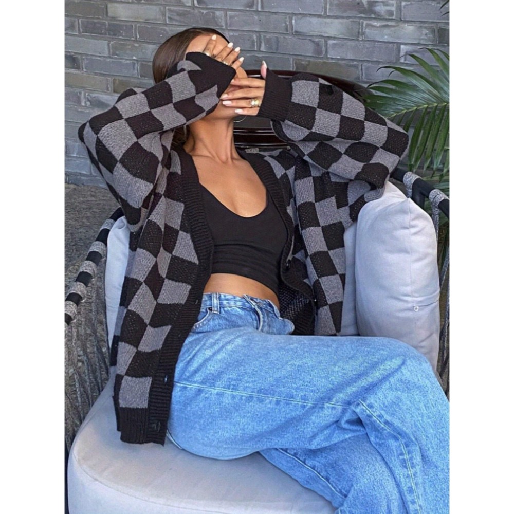 Checkerboard Pattern Casual Cardigan Sweater for Women, Long Sleeve Tops