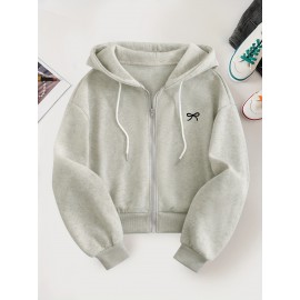 Women'S Casual Gray Hoodie with Double Bow Print - Long Sleeve, Zip-Up Pullover, All-Season Comfort, Casual Wear Hoodie|Casual Style Hoodie|Zippered Hoodie