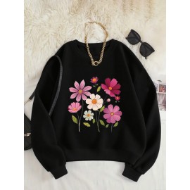 Women's Floral Print Crew Neck Sweatshirt - Pink with Multicolor Flower Design, All-Season Casual Pullover, Soft Machine-Washable Fabric, Cozy Everyday Sweater for Women (No Dry Clean)