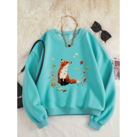 Women'S Cozy Crew Neck Sweatshirt with Vibrant Fox & Floral Print - Casual Long Sleeve Pullover for Fall & Winter, Soft Polyester Blend, Machine Washable, Allseason Apparel | Vibrant Print Top | Polyester Blend, Fox Sweatshirt