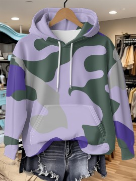 Women's Full-Body Pink & Green Camo Sweatshirt - Long Sleeve Hoodie with Drawstring Hood, Stretchy Polyester Pullover for Casual Streetwear, Everyday Outfits - Machine Washable Women's Clothing, Spring Autumn Apparel, Comfortable Fit