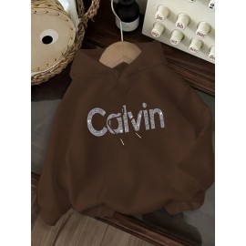 Women's CALVIN Letter Print Hooded Sweatshirt - Oversized Kangaroo Pocket & Drawstring Hood, Cozy Fall Winter Sweater with White CALVIN Logo, Casual Pullover (Machine Washable) for Casual Attire