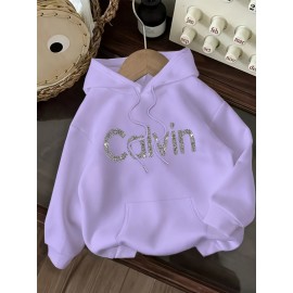 Women's CALVIN Letter Print Hooded Sweatshirt - Oversized Kangaroo Pocket & Drawstring Hood, Cozy Fall Winter Sweater with White CALVIN Logo, Casual Pullover (Machine Washable) for Casual Attire