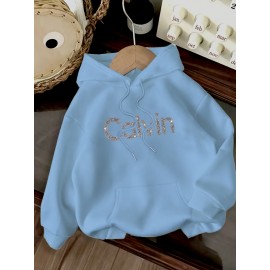 Women's CALVIN Letter Print Hooded Sweatshirt - Oversized Kangaroo Pocket & Drawstring Hood, Cozy Fall Winter Sweater with White CALVIN Logo, Casual Pullover (Machine Washable) for Casual Attire