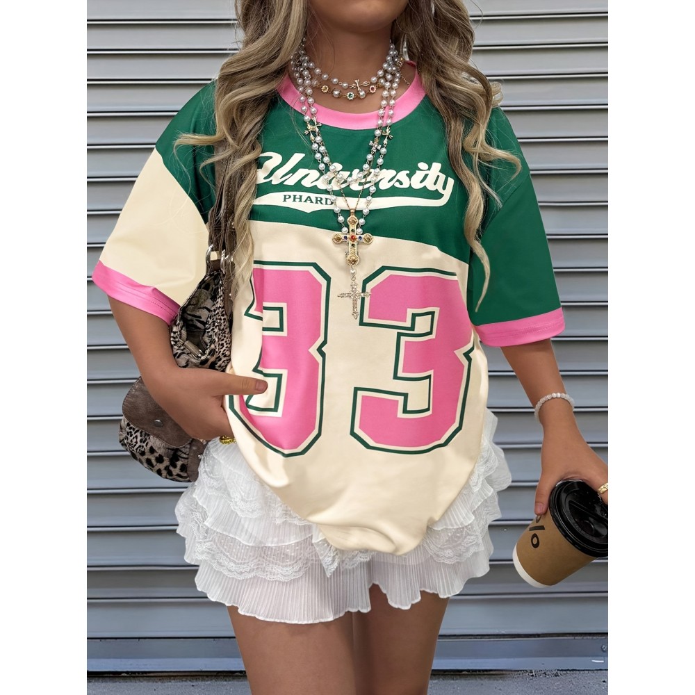 [Retro Y2K Colorblock Tee] Retro Vintage Y2K Women's T-Shirt - Pastel Green & Pink Colorblock Tee | Machine Washable, All-Season Casual Top, Bold Letter Print, Versatile Clothing