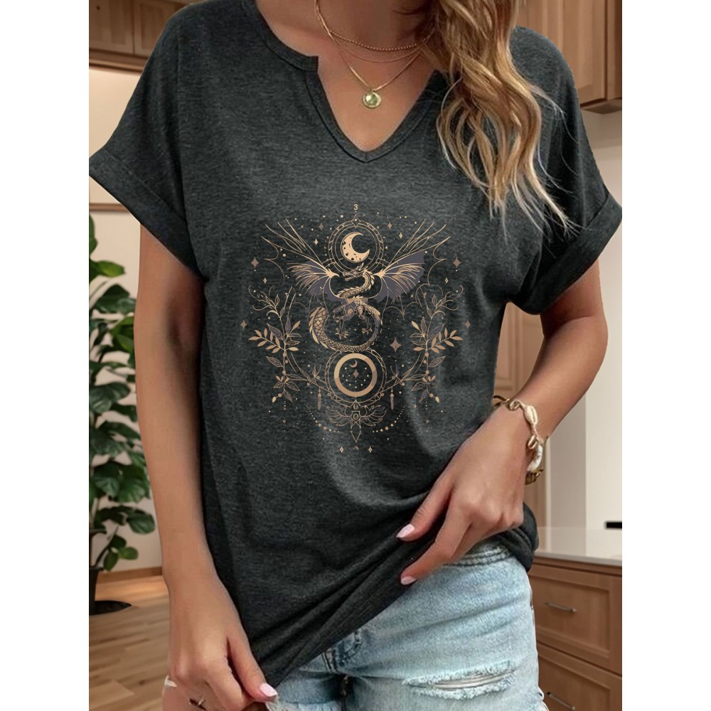 Women'S Vintage Norse Mythology Dragon Print V-Neck T-Shirt - Casual Short Sleeve, Regular Fit, All-Season Tee with Intricate Design, Machine Washable, Allseason Tee | Mythological Design | Comfortable Fit, Dragon Shirt