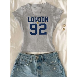 Women's White Crop T-Shirt - London '92 Numeric Graphic Tee - Stretchy Casual Summer Top - Vintage Streetwear Everyday Shirt - Non-See Through Crop Top for Women, Ladies T Shirts, Relaxed Fit Tee, Nontransparent Fabric