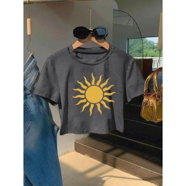 Women'S Vibrant Sun Graphic Crop Top T-Shirt - Casual Round Neck Short Sleeve, Machine Washable, Slim Fit, Perfect for Spring/Summer Outfits, Sunset Shirt