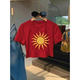 Women'S Vibrant Sun Graphic Crop Top T-Shirt - Casual Round Neck Short Sleeve, Machine Washable, Slim Fit, Perfect for Spring/Summer Outfits, Sunset Shirt