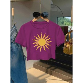 Women'S Vibrant Sun Graphic Crop Top T-Shirt - Casual Round Neck Short Sleeve, Machine Washable, Slim Fit, Perfect for Spring/Summer Outfits, Sunset Shirt