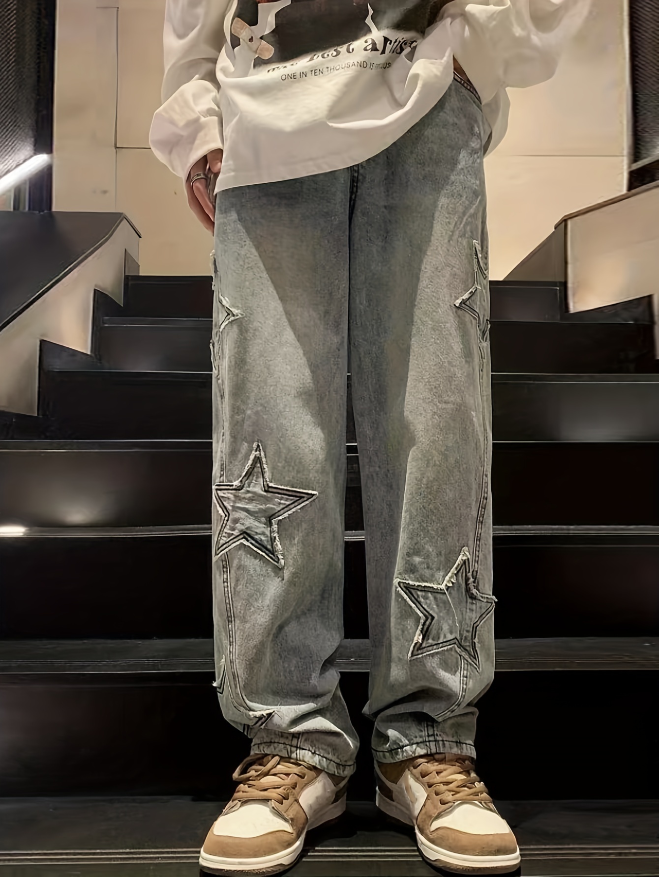 star pattern baggy jeans mens casual street style mopping pants details 3